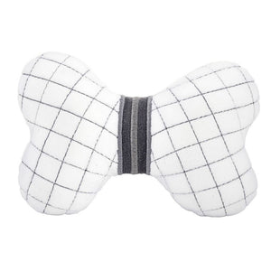 Bone-shaped plush dog toy with grid pattern