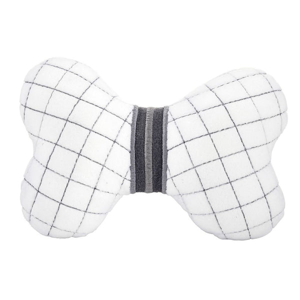 Bone-shaped plush dog toy with grid pattern