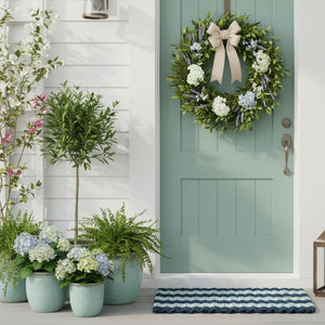 Cabana Stripes Lobster Rope Doormat in Navy and Seafoam for Front Door, Durable Outdoor Mat for Coastal Entryway
