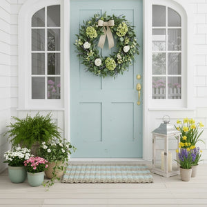 Cabana Stripes Lobster Rope Doormat in Sand and Seafoam for Front Door, Durable Outdoor Doormat for Coastal Entryway