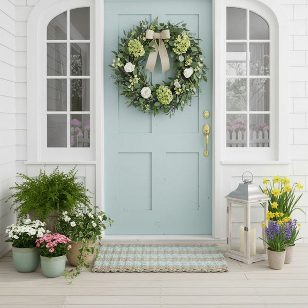 Cabana Stripes Lobster Rope Doormat in Sand and Seafoam for Front Door, Durable Outdoor Doormat for Coastal Entryway