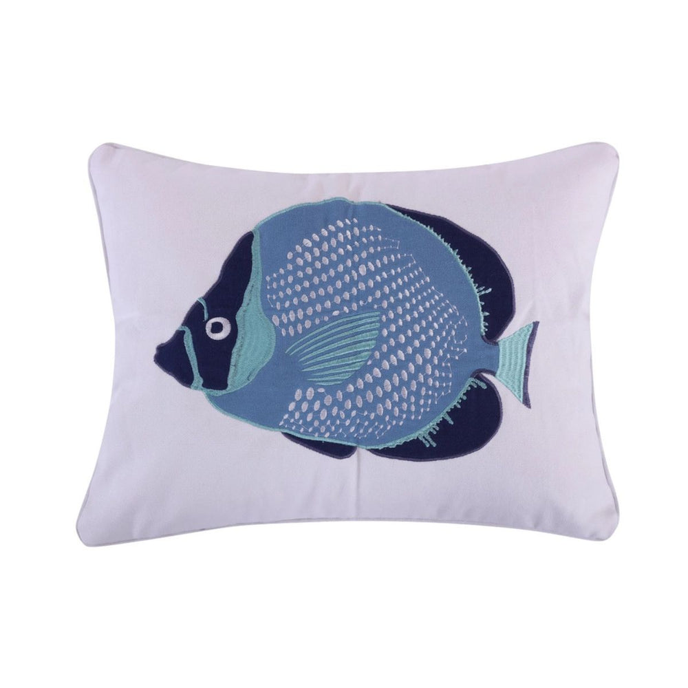 Embroidered Fish decorative pillow featuring a colorful blue fish on white background, perfect for coastal-style beds, couches, or chairs.