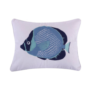 Embroidered Fish decorative pillow featuring a colorful blue fish on white background, perfect for coastal-style beds, couches, or chairs.
