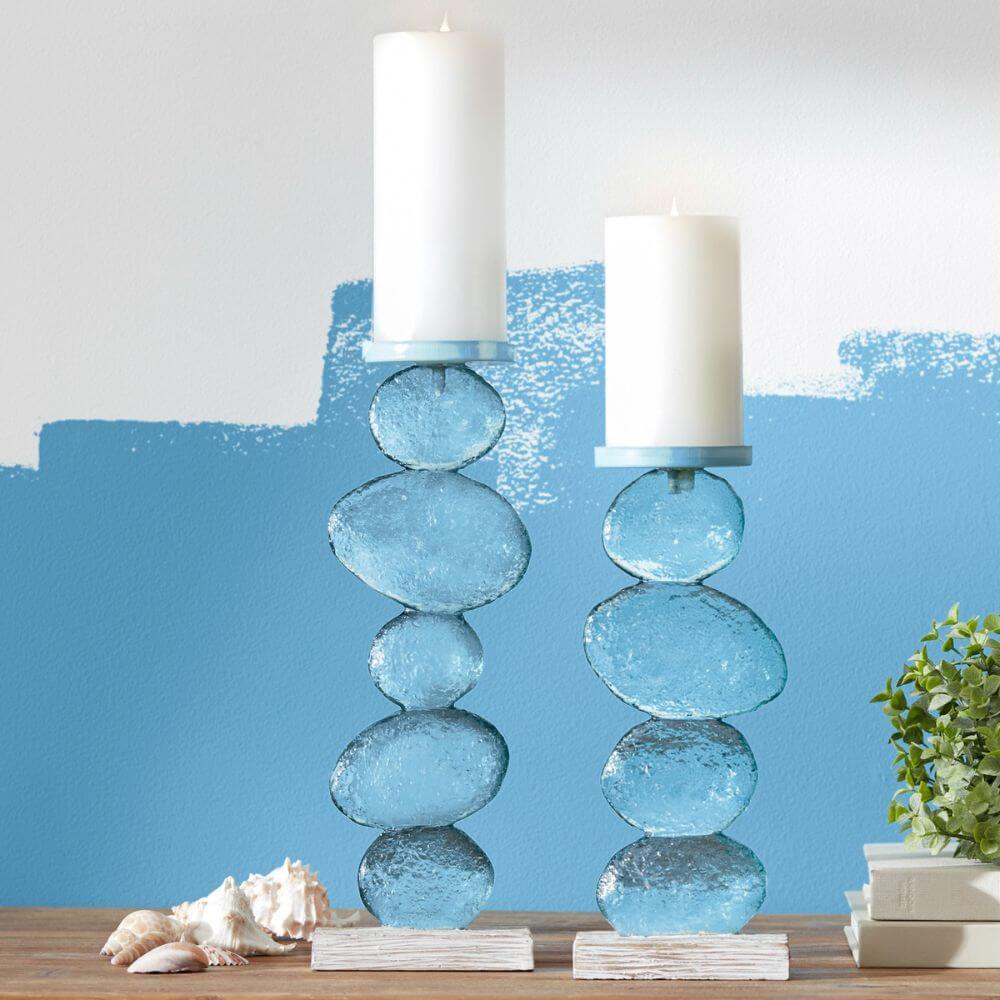 Soft Teal Glass & Whitewashed Candle Holders