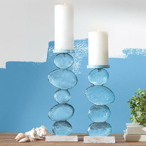 Soft Teal Glass & Whitewashed Candle Holders