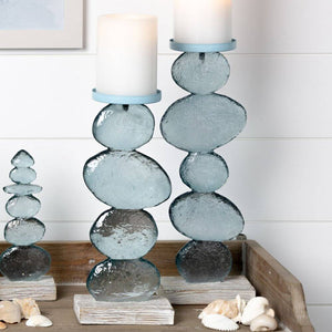Soft Teal Glass & Whitewashed Candle Holders