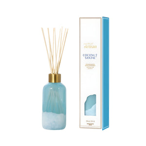 Capri Blue Coconut Santal artisan reed diffuser in a light teal glass bottle. 8 oz
