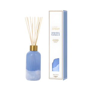 Capri Blue Havana Vanilla artisan reed diffuser in a periwinkle blue glass, 8 oz. bottle. 