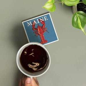 Ceramic Coaster Maine Lobster Woodblock, Coastal Drink Surface Protector, 4" x 4" New England Trading Co