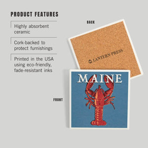 Ceramic Coaster Maine Lobster Woodblock, Cork-backing and high absorbent ceramic coaster for beach and coastal homes, New England Trading Co