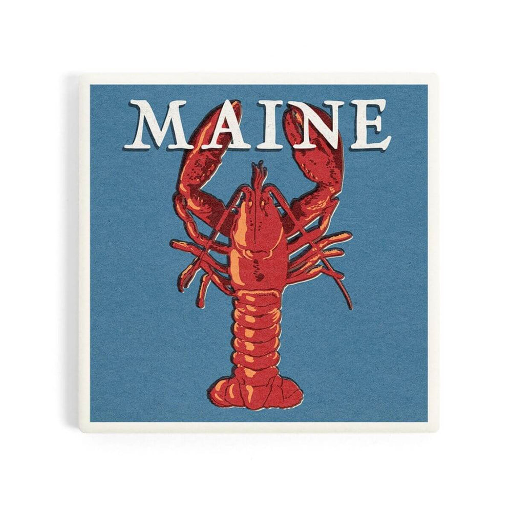 Ceramic Coaster Maine Lobster Woodblock, 4" X 4" Ceramic + Cork Backed Coastal Coaster, New England Trading Co