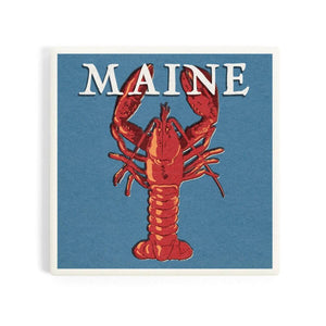 Ceramic Coaster Maine Lobster Woodblock, 4" X 4" Ceramic + Cork Backed Coastal Coaster, New England Trading Co