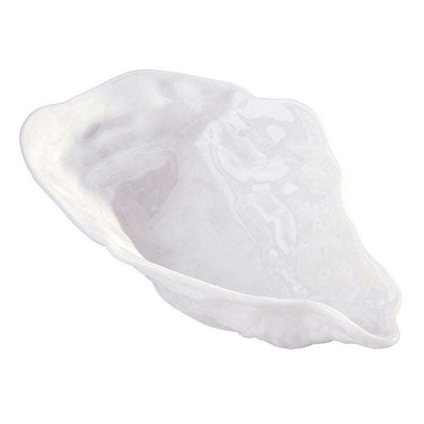 Side view of ceramic oyster shell serving bowl with textured rim