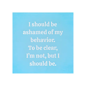 Blue paper cocktail napkin with humorous phrase styled for bar cart or party
