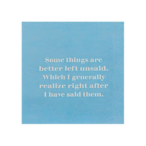 Blue funny drink napkin with bold text for cocktail hour or gatherings