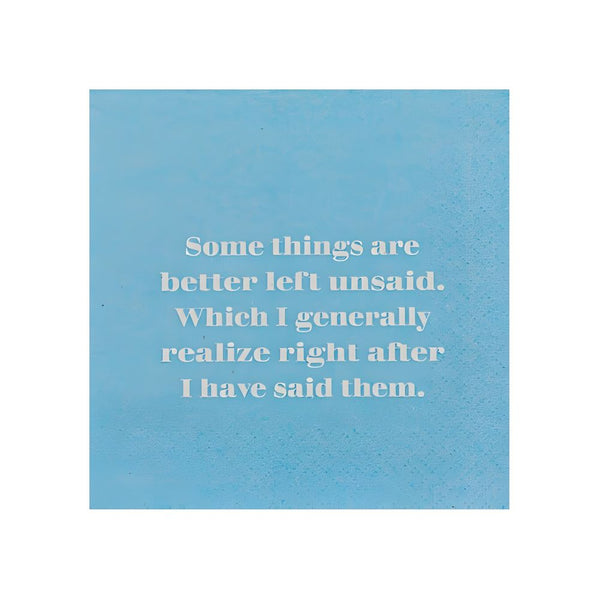 Blue funny drink napkin with bold text for cocktail hour or gatherings
