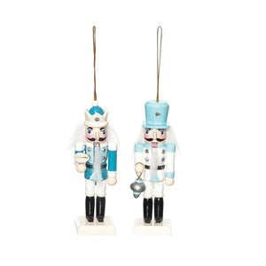 Set of coastal nutcracker Christmas ornaments made of pinewood and MDF, featuring seaside-inspired details and hanging loops.