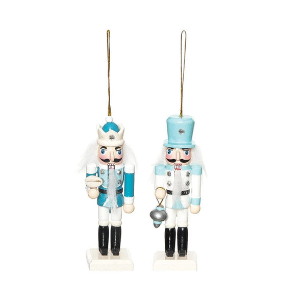 Set of coastal nutcracker Christmas ornaments made of pinewood and MDF, featuring seaside-inspired details and hanging loops.