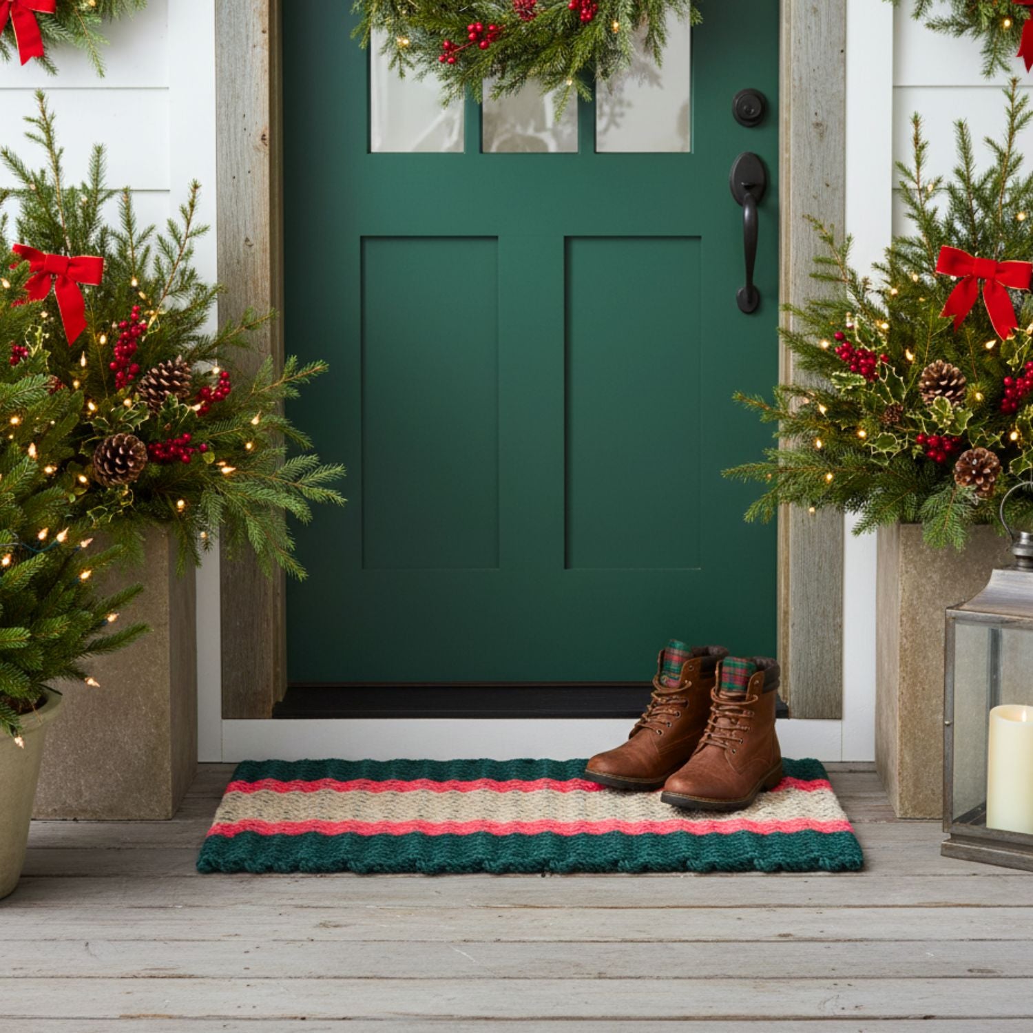 Green & Red Striped Mat | Holiday Lobster Rope Doormat | New