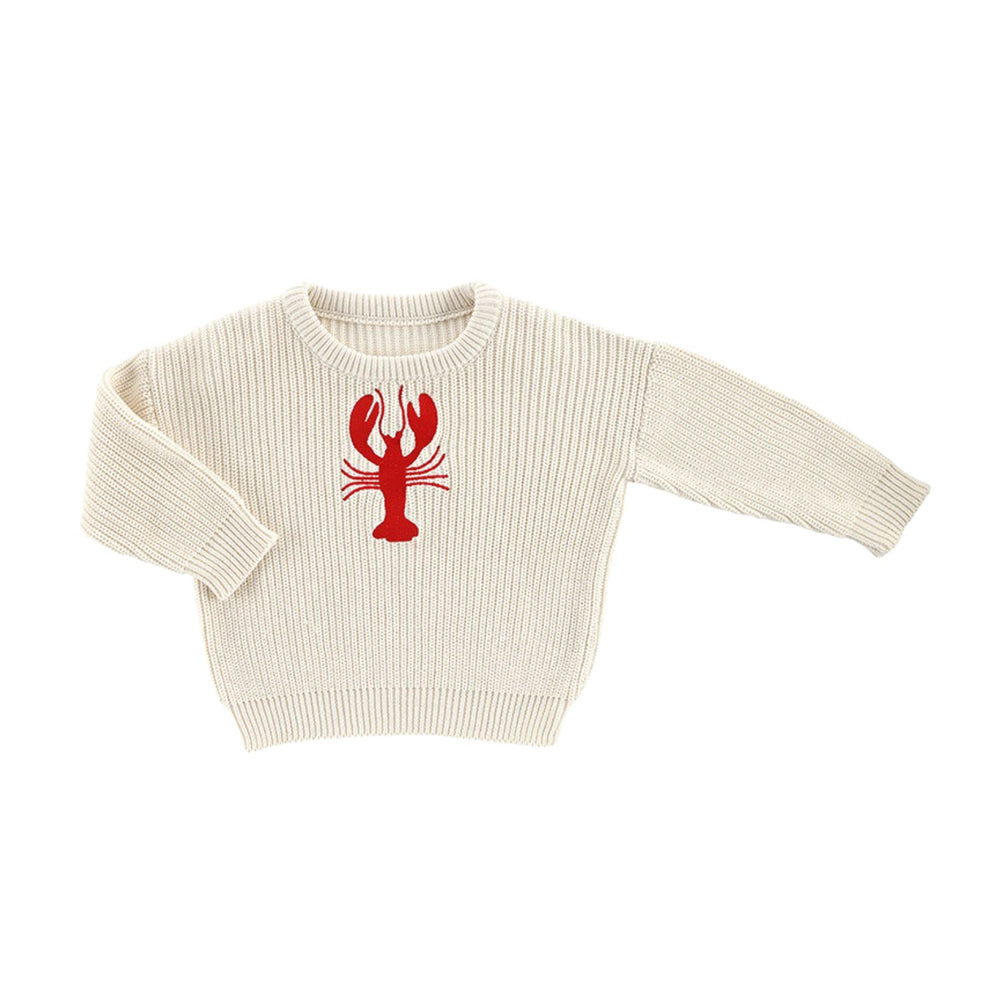 Chunky knit baby sweater with red lobster design, 100% cotton