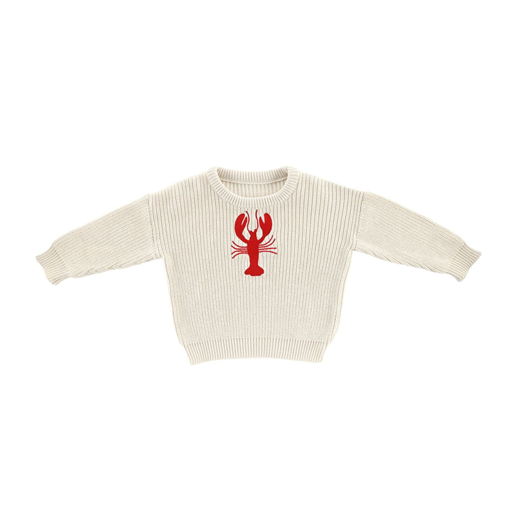 Chunky knit baby sweater with red lobster design, 100% cotton