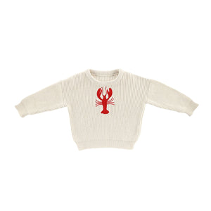 Baby lobster chunky cotton knit sweater with red lobster motif.