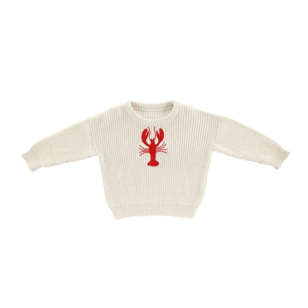 Baby lobster chunky cotton knit sweater with red lobster motif.