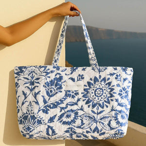 Clara Tote Bag, Indigo Floral 18" x 13" Quilted Coastal Carryall