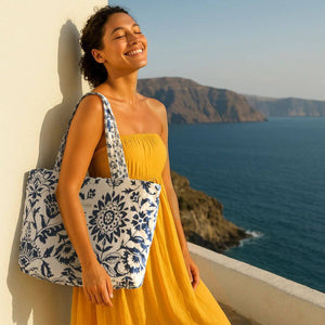 Clara Quilted Tote, Indigo Floral  Print Bag, 18" x 13" Coastal Tote Bag