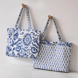 Indigo Quilted Tote Bag, 18" x 13" Indigo floral print on one side and a geometric version