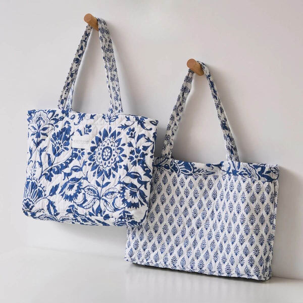 Indigo Quilted Tote Bag, 18" x 13" Indigo floral print on one side and a geometric version