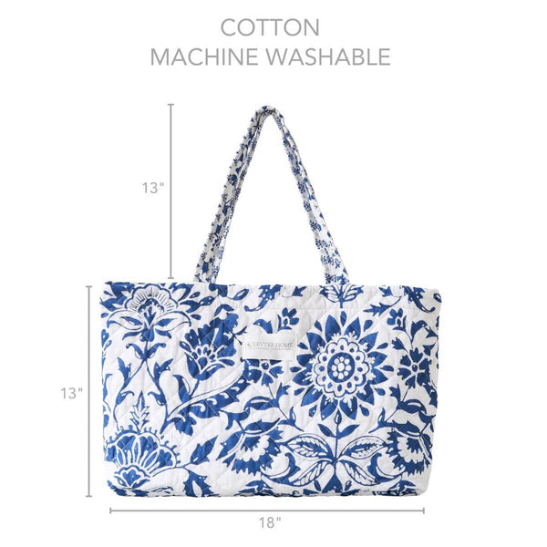 Clara Indigo Floral Tote Bag, 18" x 13" Cotton Quilted Beach Bag
