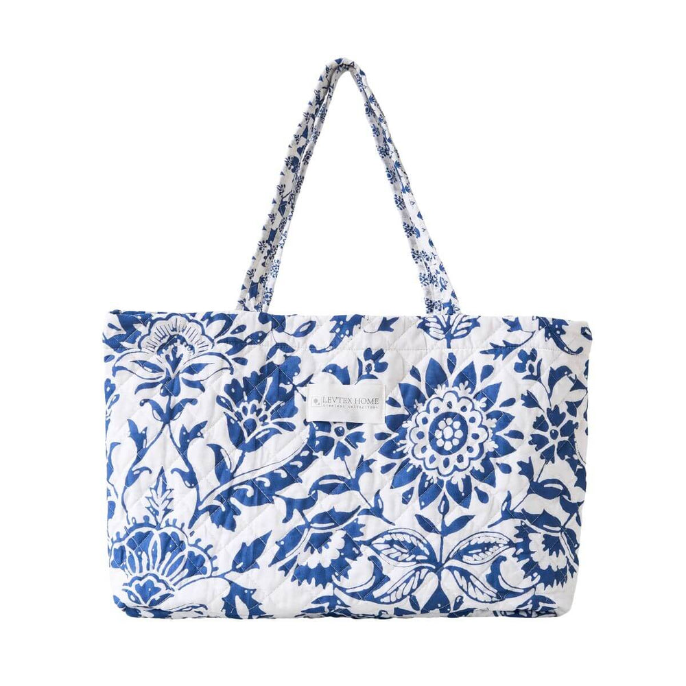 Clara Tote Bag, Indigo Floral 18" x 13" Quilted Coastal Tote Bag