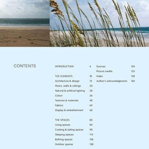 "Coastal Blues" Hardcover Book by Sally Hayden & Alice Whately, Coastal-inspired table of contents featuring beach and ocean photography, with sea grass and sandy shore above a light blue background listing book sections.