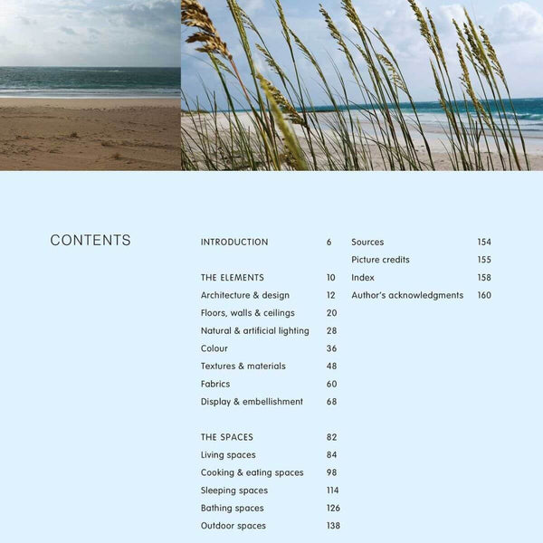 "Coastal Blues" Hardcover Book by Sally Hayden & Alice Whately, Coastal-inspired table of contents featuring beach and ocean photography, with sea grass and sandy shore above a light blue background listing book sections.