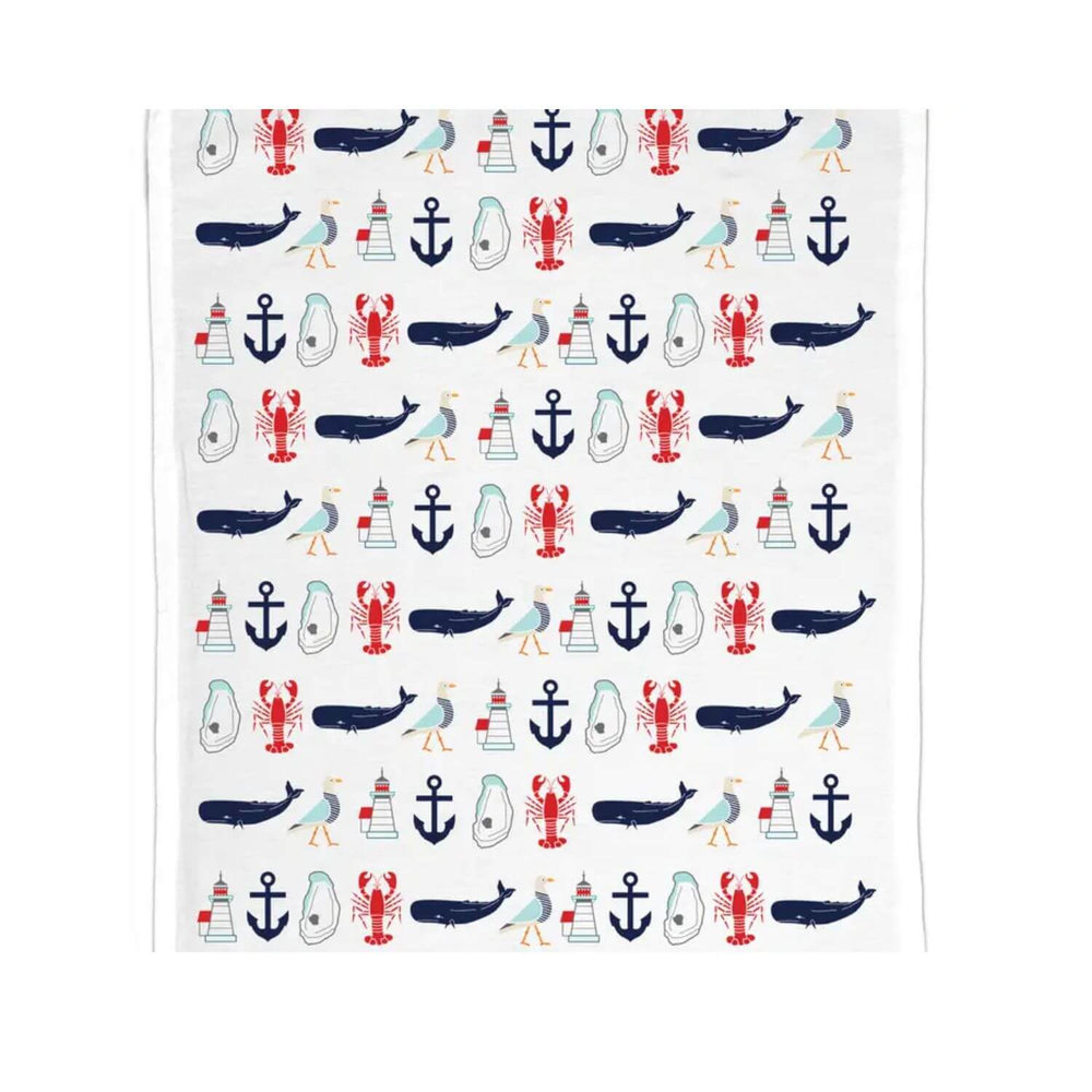 Organic cotton tea towel featuring a hand-drawn New England coastal summer illustration, lightweight and soft for everyday use.