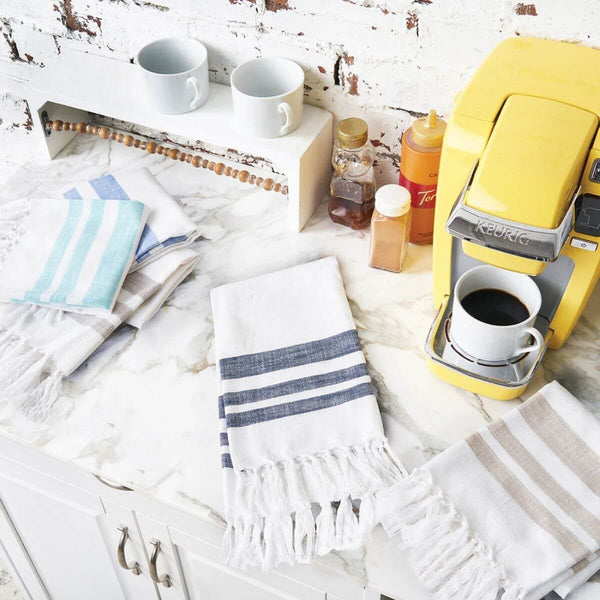 Classic coastal stripes kitchen dish towels in indigo and denim, cotton