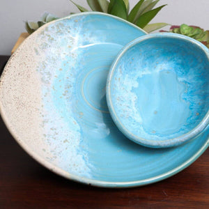 Set of ceramic bowls with blue glaze, Handcrafted Coastal Swirly Bowls