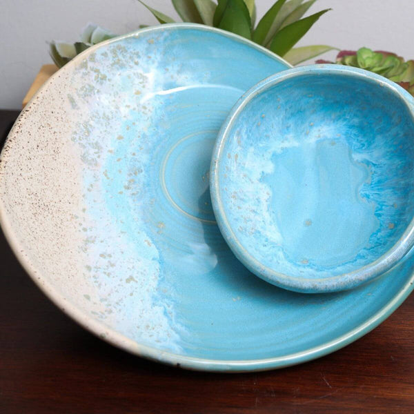 Set of ceramic bowls with blue glaze, Handcrafted Coastal Swirly Bowls