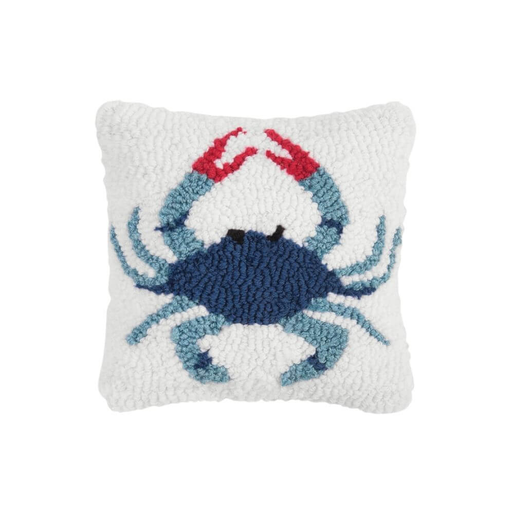 Blue Crab Coastal Throw Pillow, Nautical Hooked Accent for Beach Style Pillow 