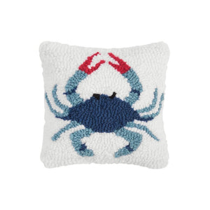 Blue Crab Coastal Throw Pillow, Nautical Hooked Accent for Beach Style Pillow 