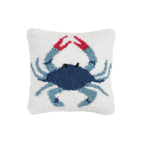 Blue Crab Coastal Throw Pillow, Nautical Hooked Accent for Beach Style Pillow 