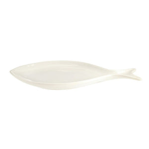 White ceramic fish-shaped appetizer plate with glossy finish.