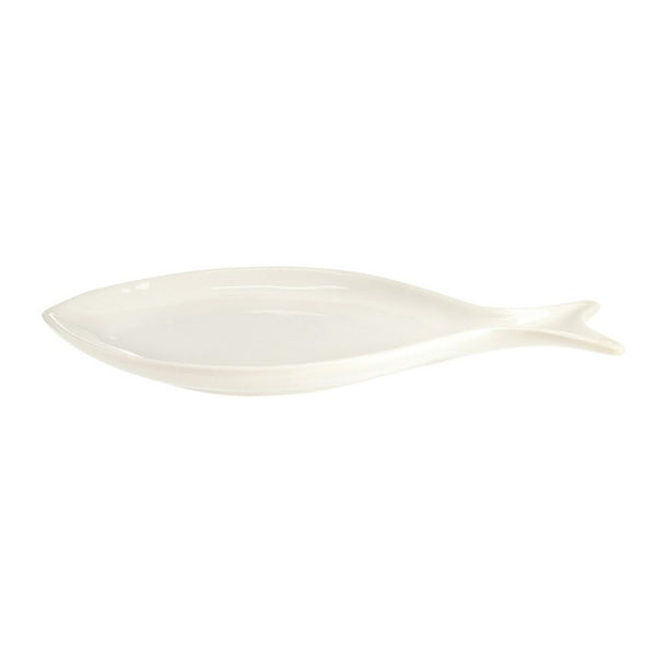White ceramic fish-shaped appetizer plate with glossy finish.