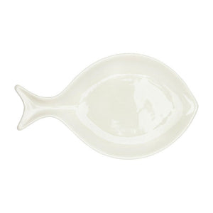 White ceramic fish-shaped appetizer plate with glossy finish