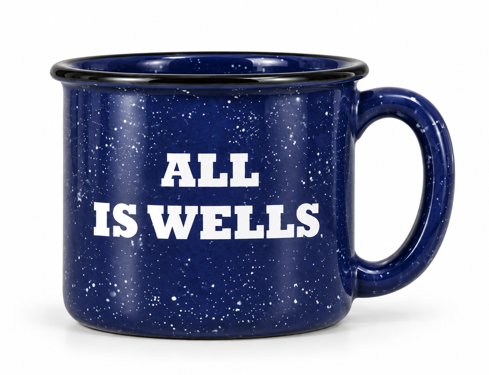 Cobalt Blue Speckled Ceramic Camp Mug With Etched All Is Wells Design, Beach House Mugs, Coastal Coffee Mugs