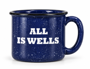 Cobalt Blue Speckled Ceramic Camp Mug With Etched All Is Wells Design, Beach House Mugs, Coastal Coffee Mugs