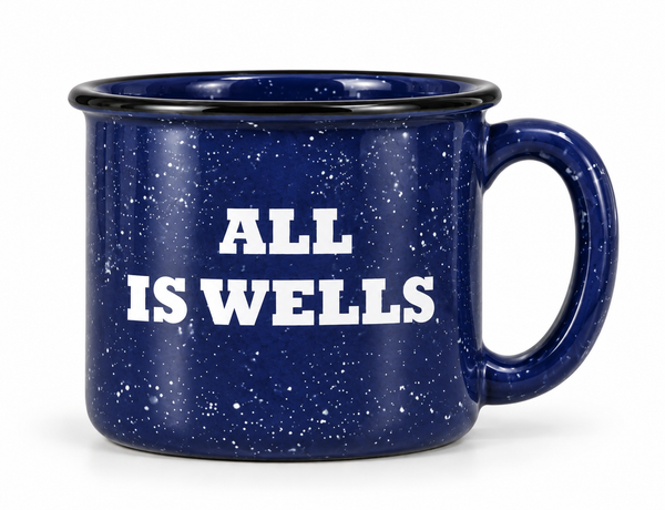 Cobalt Blue Speckled Ceramic Camp Mug With Etched All Is Wells Design, Beach House Mugs, Coastal Coffee Mugs