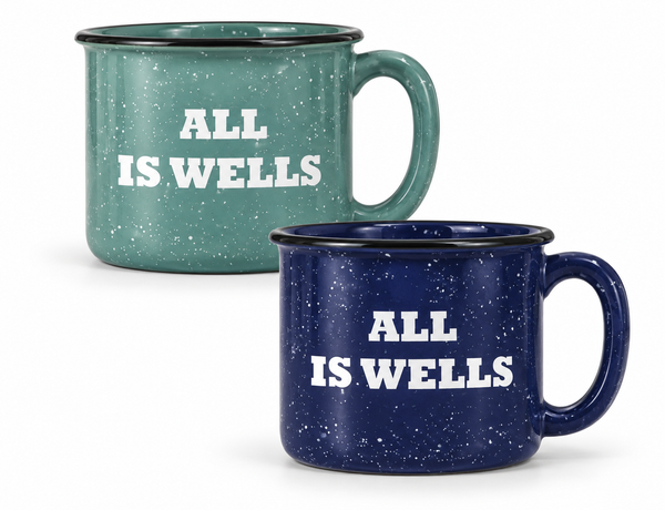 Aqua and Cobalt Blue Speckled Ceramic Camp Mug With Etched All Is Wells Design, Beach House Coffee Mugs, Maine Coastal Mugs, Maine Nautical Gifts