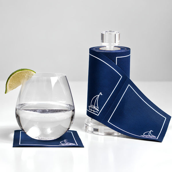 Clear Glass Cocktail Napkin Holder Displayed With Sail Away Premium Napkin Roll, Coastal Entertaining, Nautical Gift Ideas